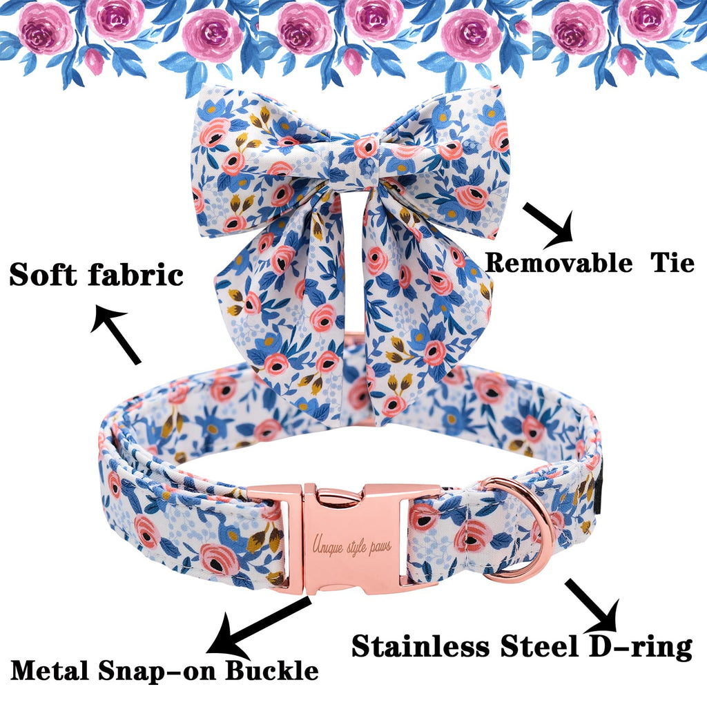 Unique Style Paws Dog Collar with Removable Blue Bowtie – Adjustable Cotton Puppy Collar for Small to Medium Dogs and Cats (M)