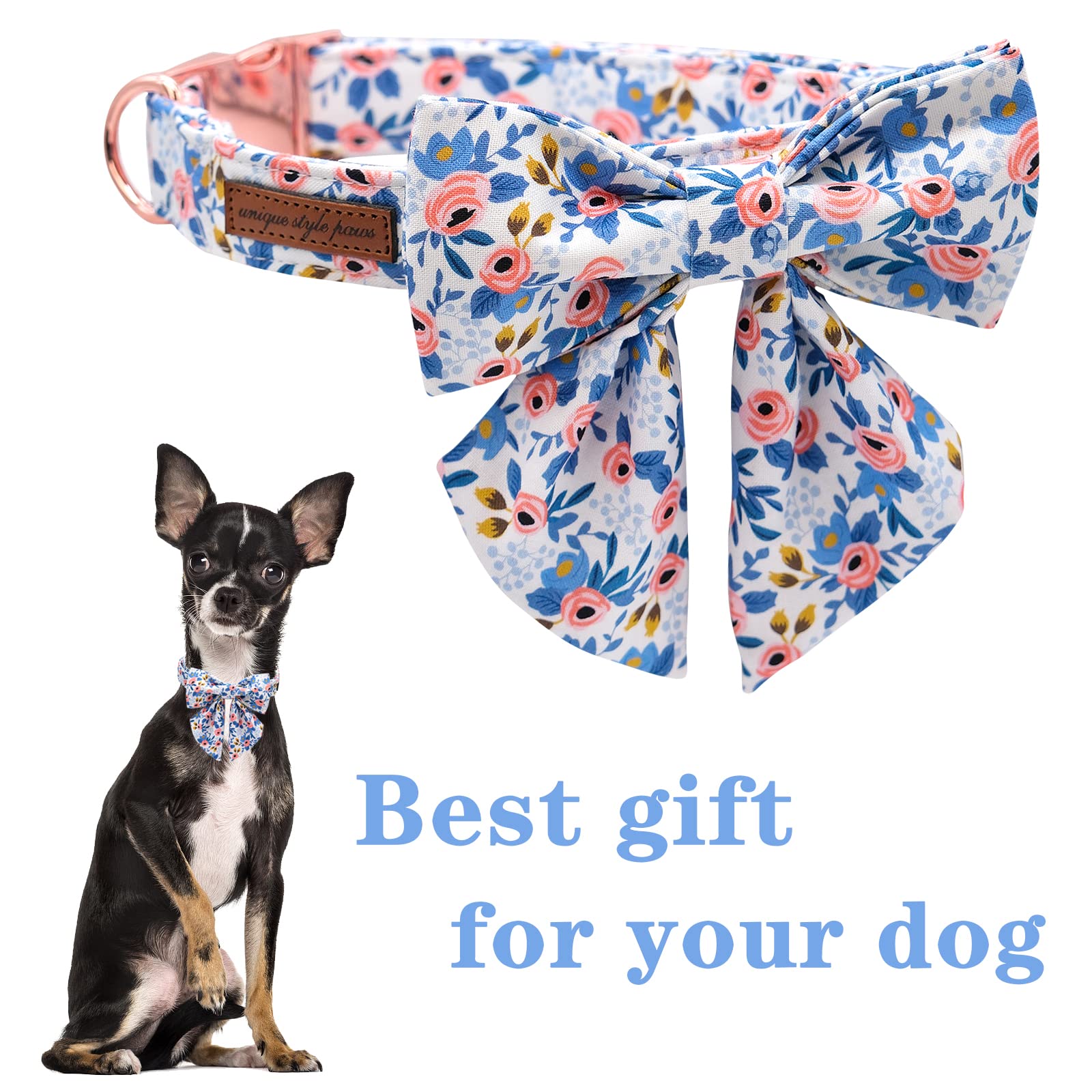 Unique Style Paws Dog Collar with Removable Blue Bowtie – Adjustable Cotton Puppy Collar for Small to Medium Dogs and Cats (M)