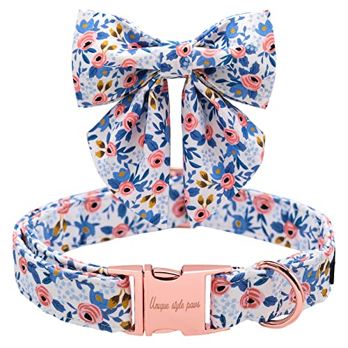 Unique Style Paws Dog Collar with Removable Blue Bowtie – Adjustable Cotton Puppy Collar for Small to Medium Dogs and Cats (M)