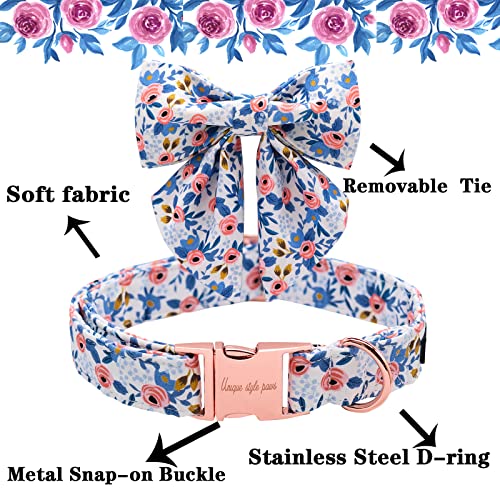 Unique Style Paws Dog Collar with Removable Blue Bowtie – Adjustable Cotton Puppy Collar for Small to Medium Dogs and Cats (M)