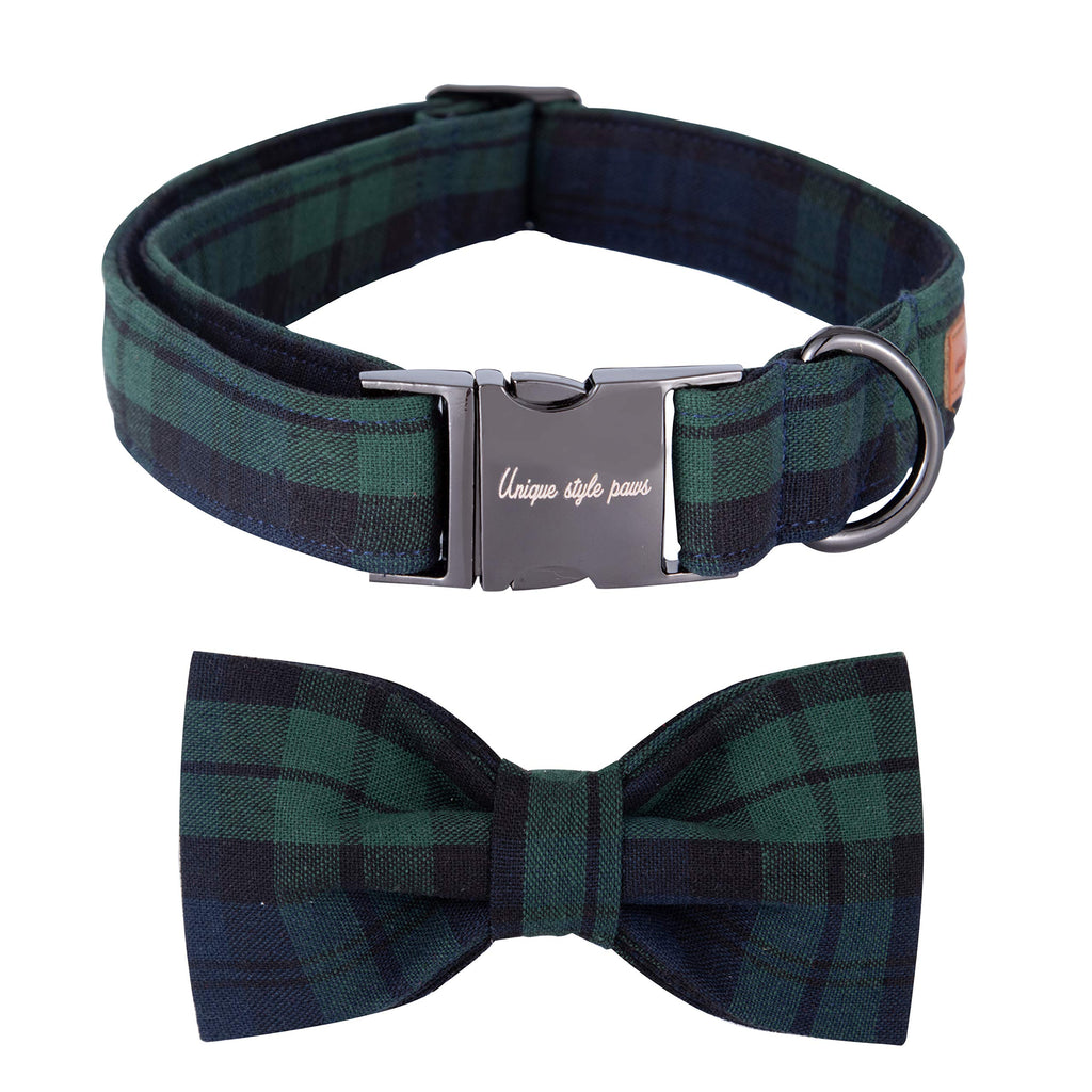 Unique style paws Green Plaid Dog Collar with Bowtie - Adjustable Cotton Collar for Small to Large Dogs, M Size