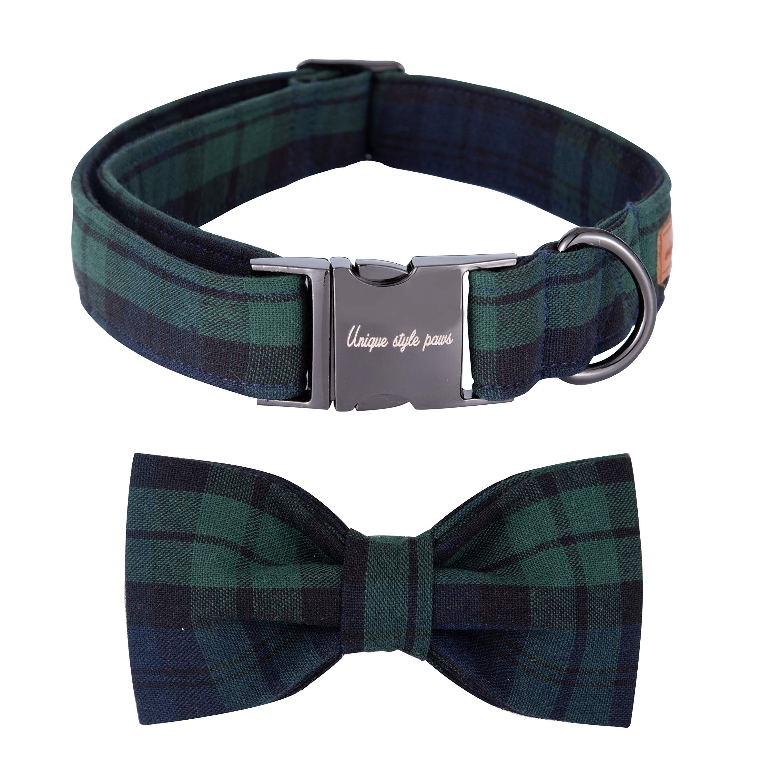 Unique style paws Green Plaid Dog Collar with Bowtie - Adjustable Cotton Collar for Small to Large Dogs, M Size