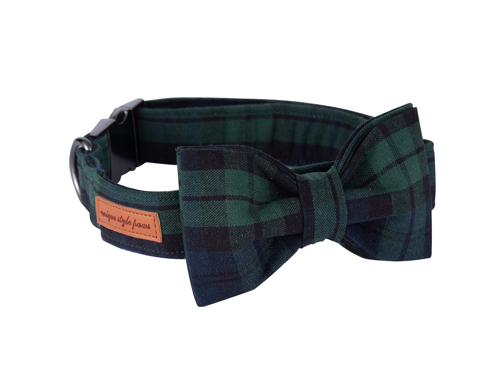 Unique style paws Green Plaid Dog Collar with Bowtie - Adjustable Cotton Collar for Small to Large Dogs, M Size