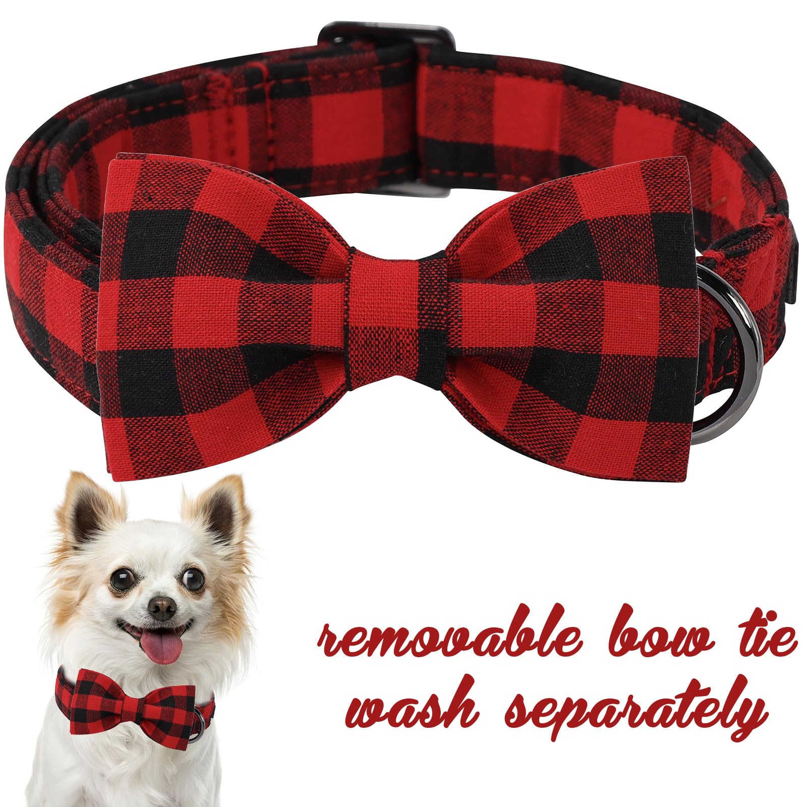Unique style paws XXS Cotton Dog Collar with Removable Bow – Black Red Plaid for Small Dogs