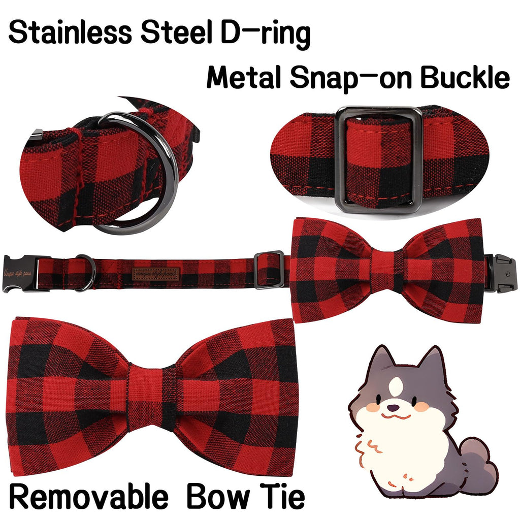 Unique style paws XXS Cotton Dog Collar with Removable Bow – Black Red Plaid for Small Dogs
