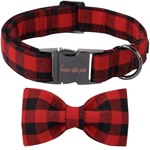 Unique style paws XXS Cotton Dog Collar with Removable Bow – Black Red Plaid for Small Dogs