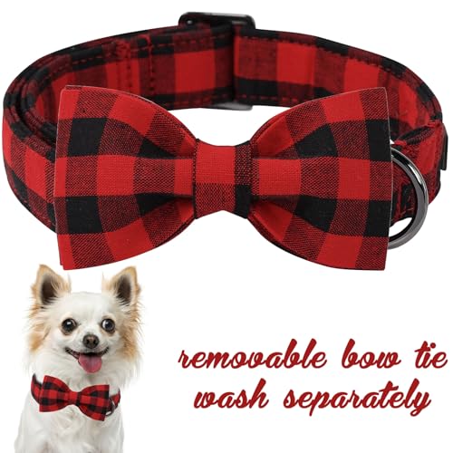 Unique style paws XXS Cotton Dog Collar with Removable Bow – Black Red Plaid for Small Dogs