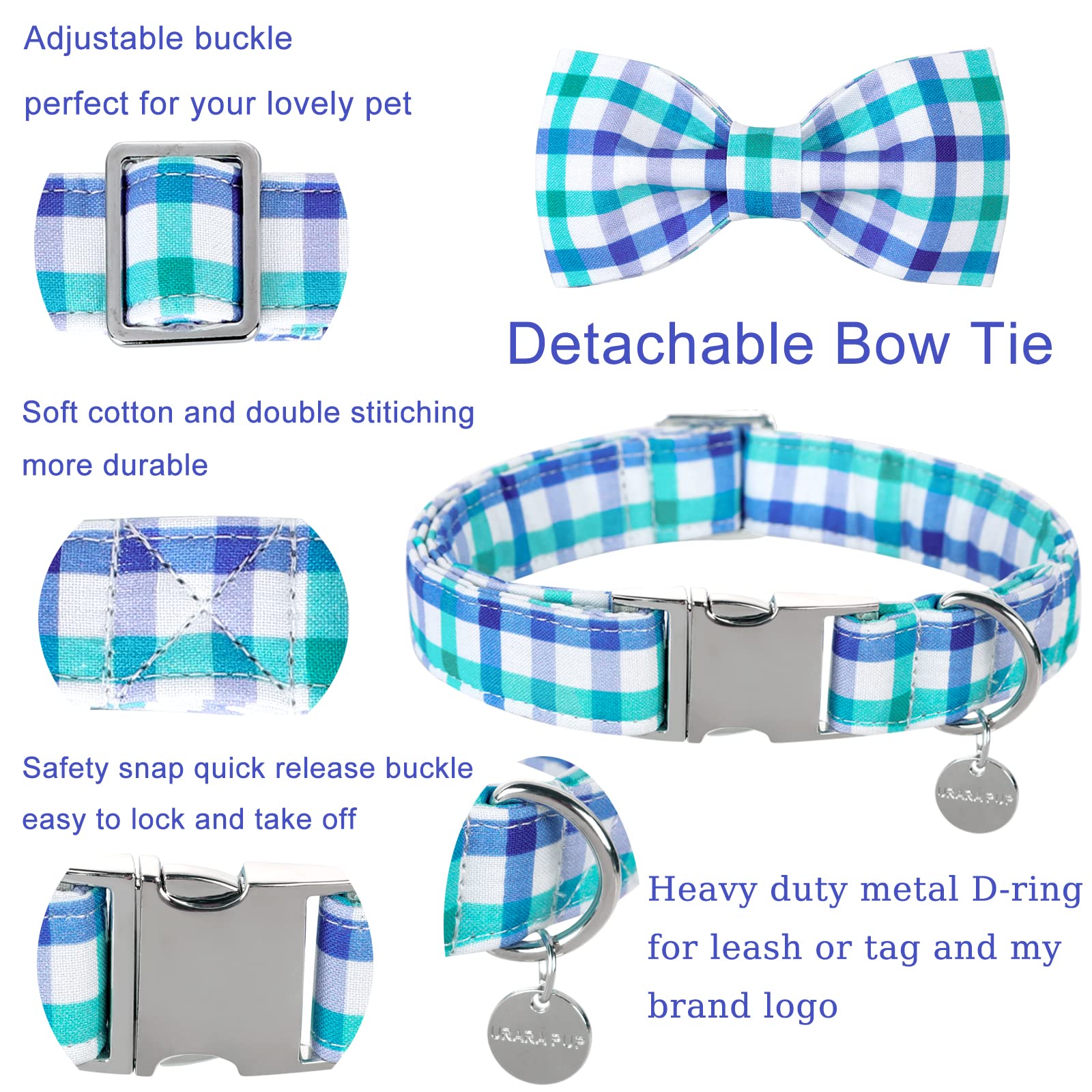 UP URARA PUP Blue Grid Bow Tie Dog Collar - Adjustable Cotton Collar with Metal Buckle for Medium Dogs
