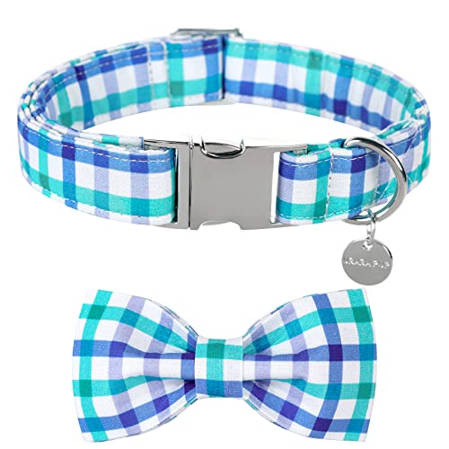 UP URARA PUP Blue Grid Bow Tie Dog Collar - Adjustable Cotton Collar with Metal Buckle for Medium Dogs