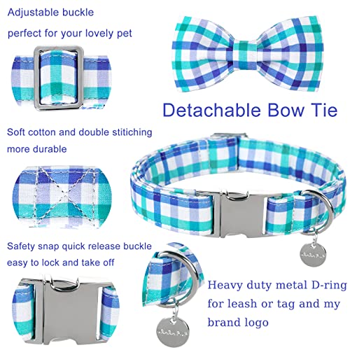 UP URARA PUP Blue Grid Bow Tie Dog Collar - Adjustable Cotton Collar with Metal Buckle for Medium Dogs