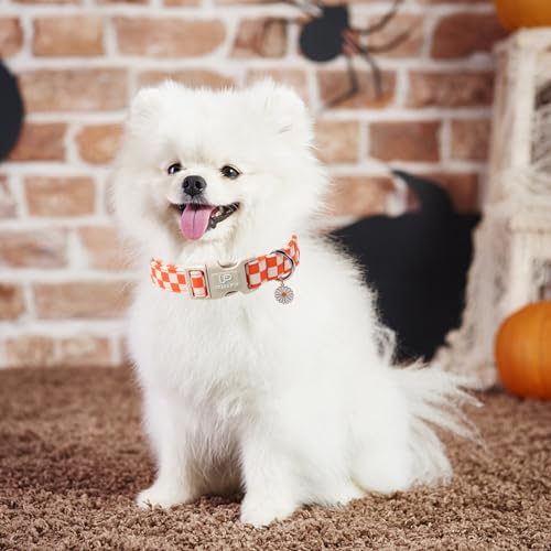 UP URARA PUP Gingham Dog Collar - Adjustable Orange Checkered Cotton Collar with Daisy Charm