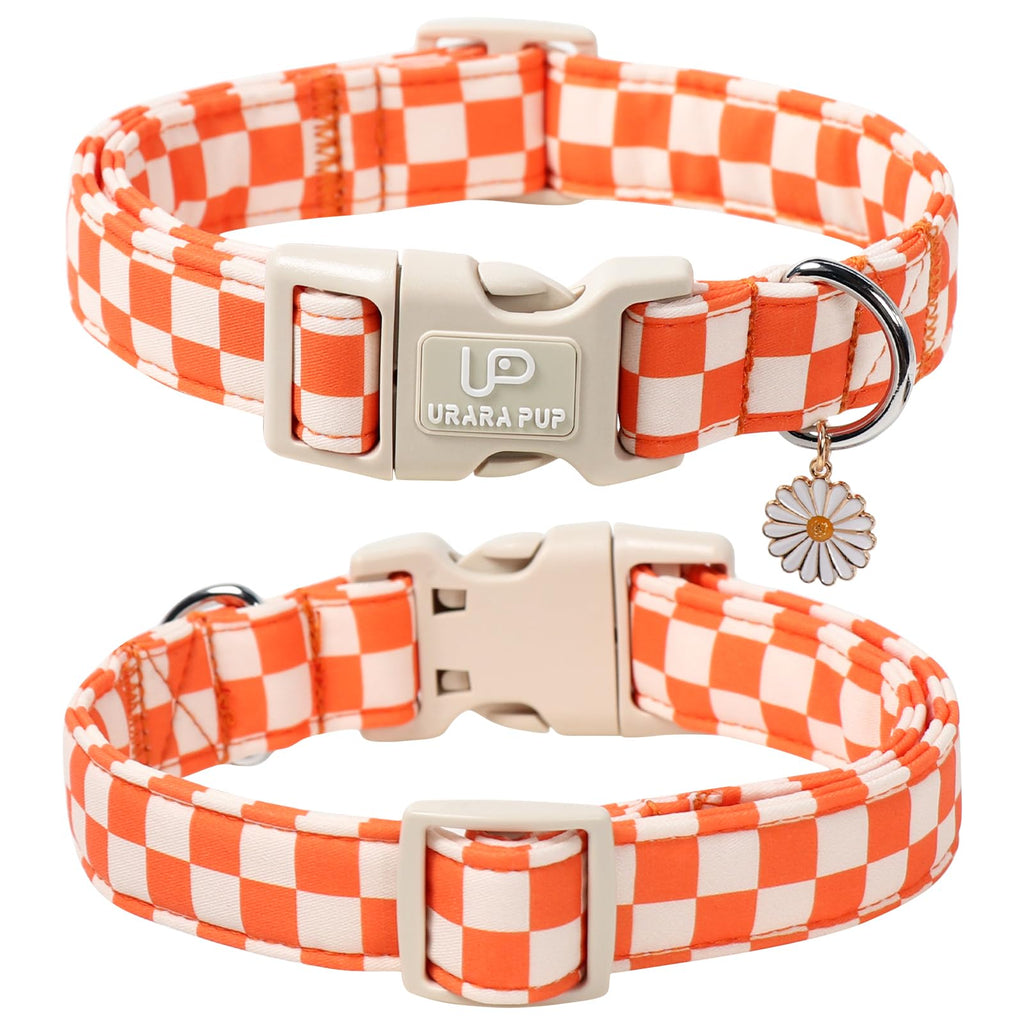 UP URARA PUP Gingham Dog Collar - Adjustable Orange Checkered Cotton Collar with Daisy Charm