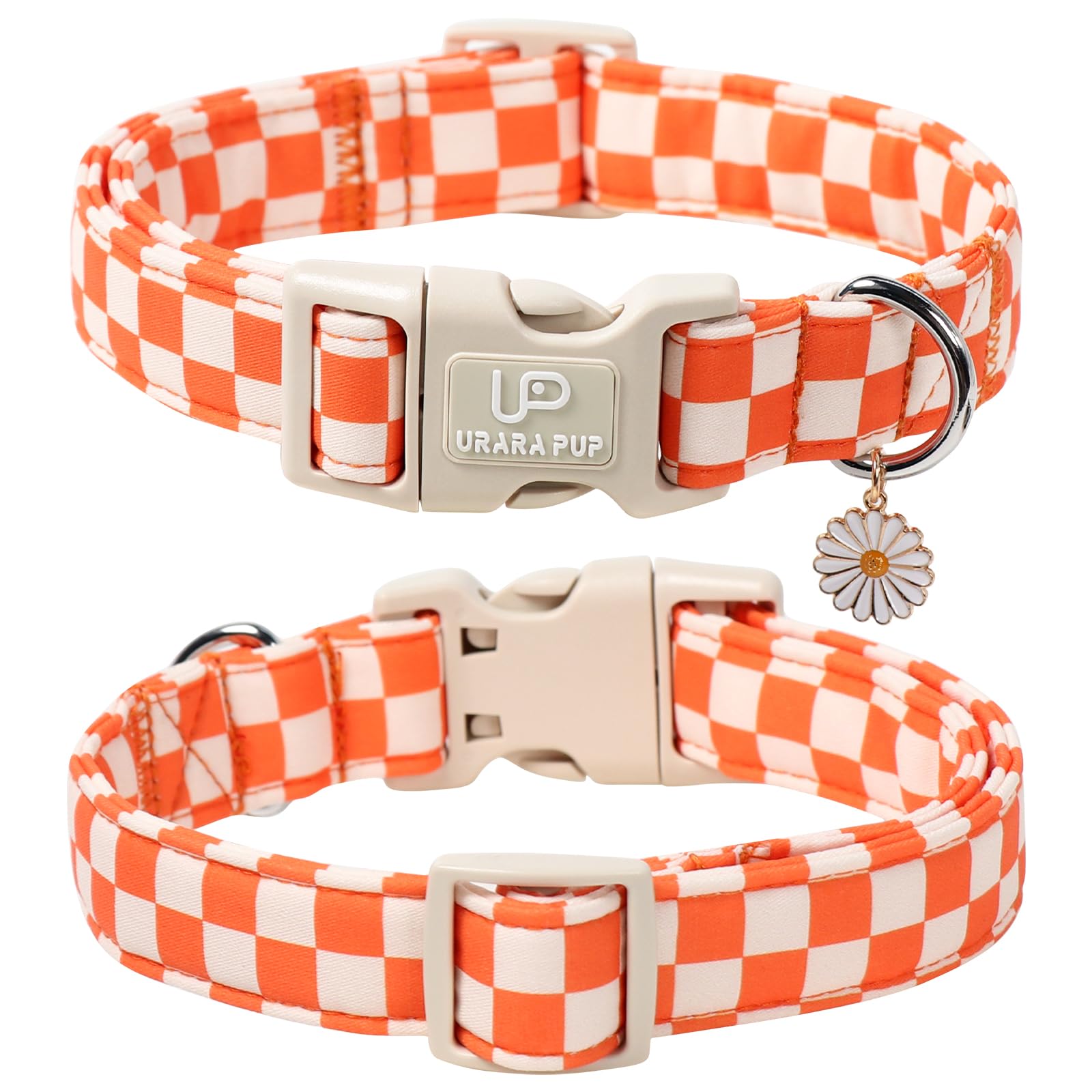 UP URARA PUP Gingham Dog Collar - Adjustable Orange Checkered Cotton Collar with Daisy Charm