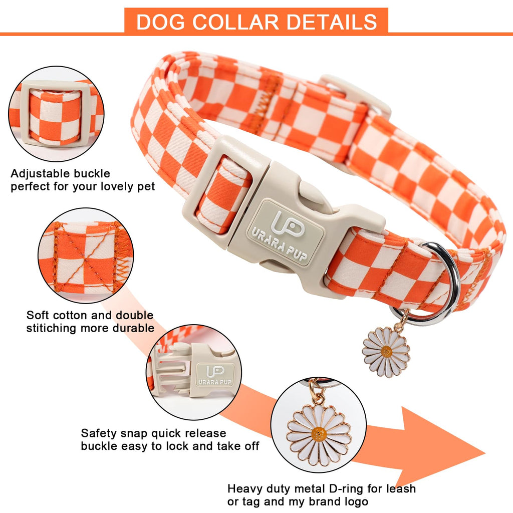 UP URARA PUP Gingham Dog Collar - Adjustable Orange Checkered Cotton Collar with Daisy Charm