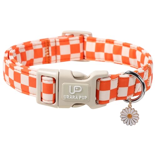 UP URARA PUP Gingham Dog Collar - Adjustable Orange Checkered Cotton Collar with Daisy Charm