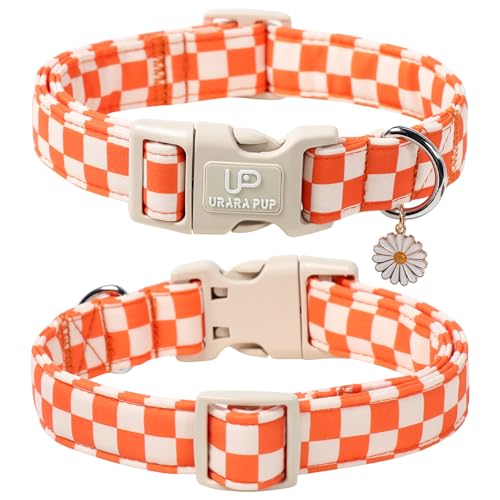 UP URARA PUP Gingham Dog Collar - Adjustable Orange Checkered Cotton Collar with Daisy Charm