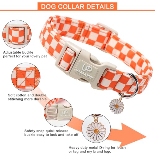 UP URARA PUP Gingham Dog Collar - Adjustable Orange Checkered Cotton Collar with Daisy Charm