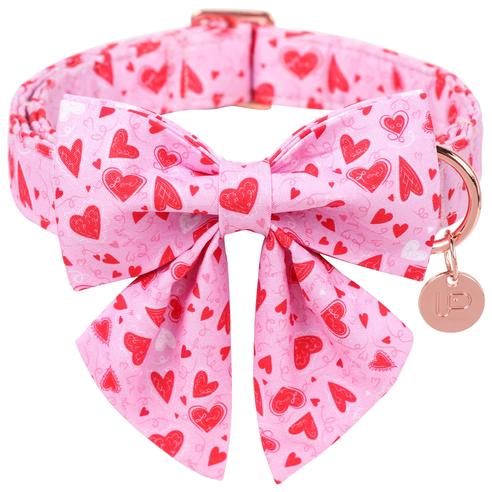 UP URARA PUP Valentine's Dog Collar – Pink Heart Bowtie, Adjustable Cotton, Metal Buckle, Size M for Dogs & Cats
