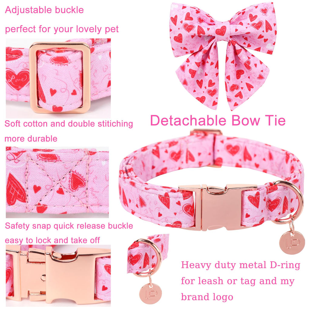 UP URARA PUP Valentine's Dog Collar – Pink Heart Bowtie, Adjustable Cotton, Metal Buckle, Size M for Dogs & Cats