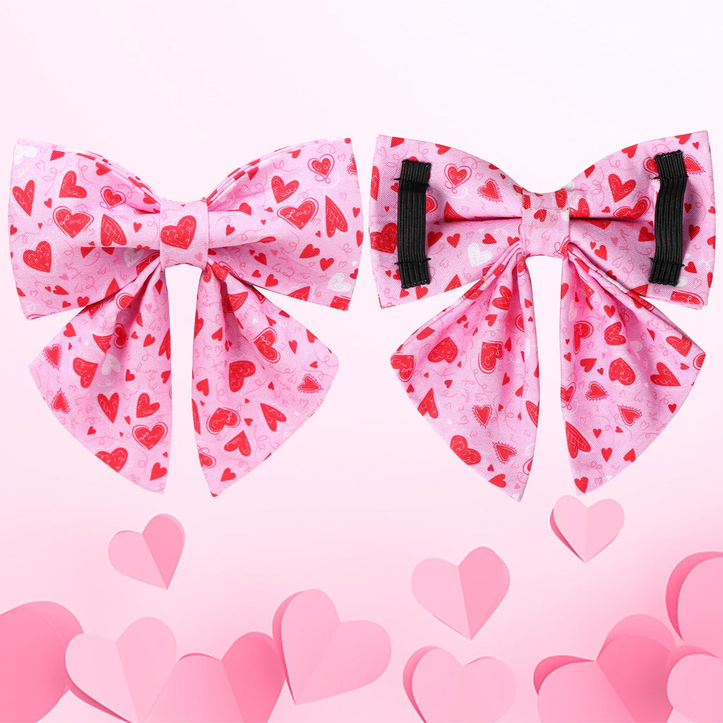 UP URARA PUP Valentine's Dog Collar – Pink Heart Bowtie, Adjustable Cotton, Metal Buckle, Size M for Dogs & Cats