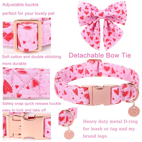 UP URARA PUP Valentine's Dog Collar – Pink Heart Bowtie, Adjustable Cotton, Metal Buckle, Size M for Dogs & Cats