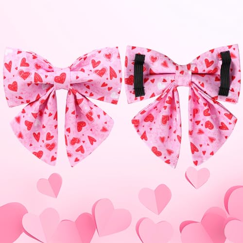 UP URARA PUP Valentine's Dog Collar – Pink Heart Bowtie, Adjustable Cotton, Metal Buckle, Size M for Dogs & Cats