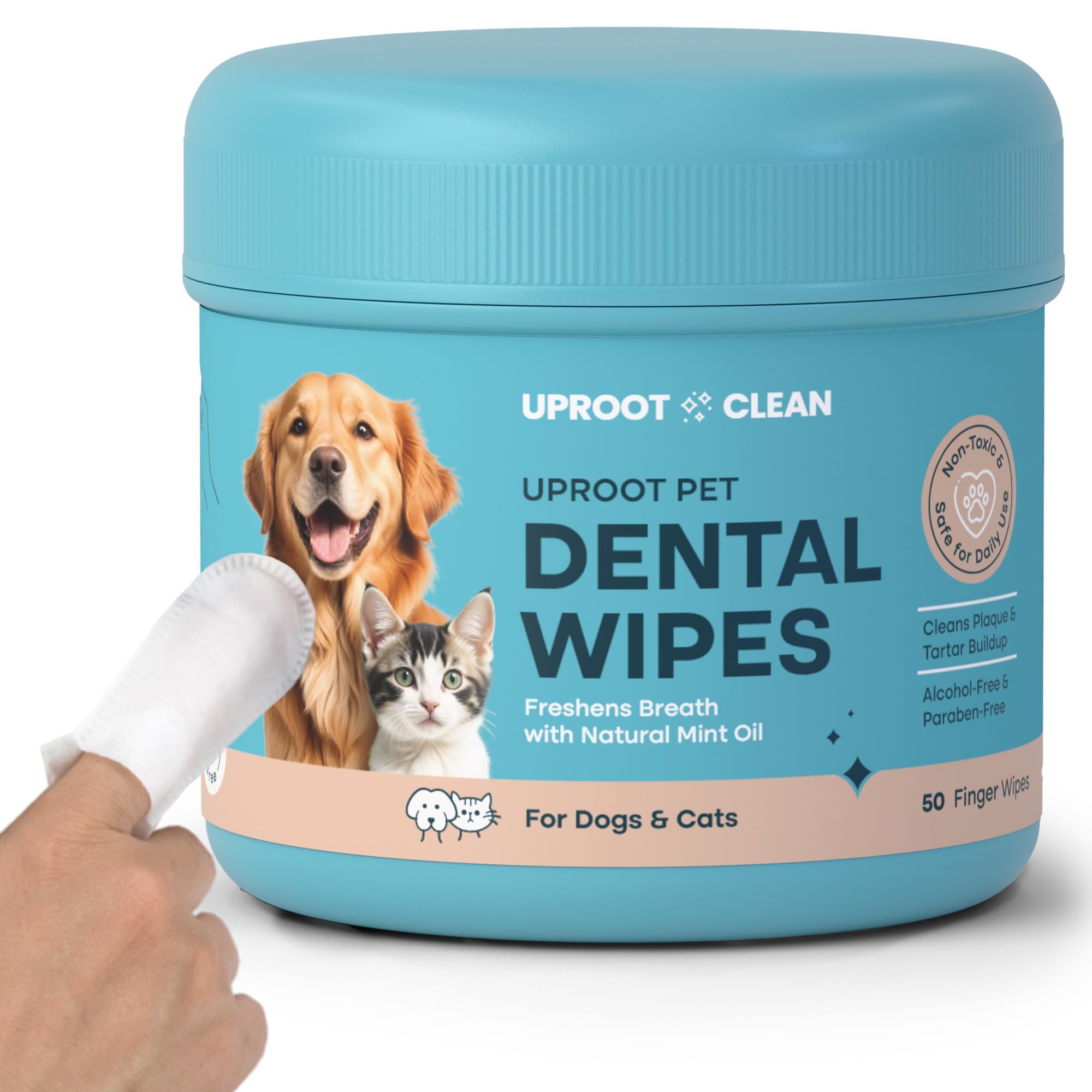 Uproot Clean Pet Dental Finger Wipes (50 Count) – Easy Cat and Dog Teeth Cleaning for Plaque, Tartar, and Bad Breath