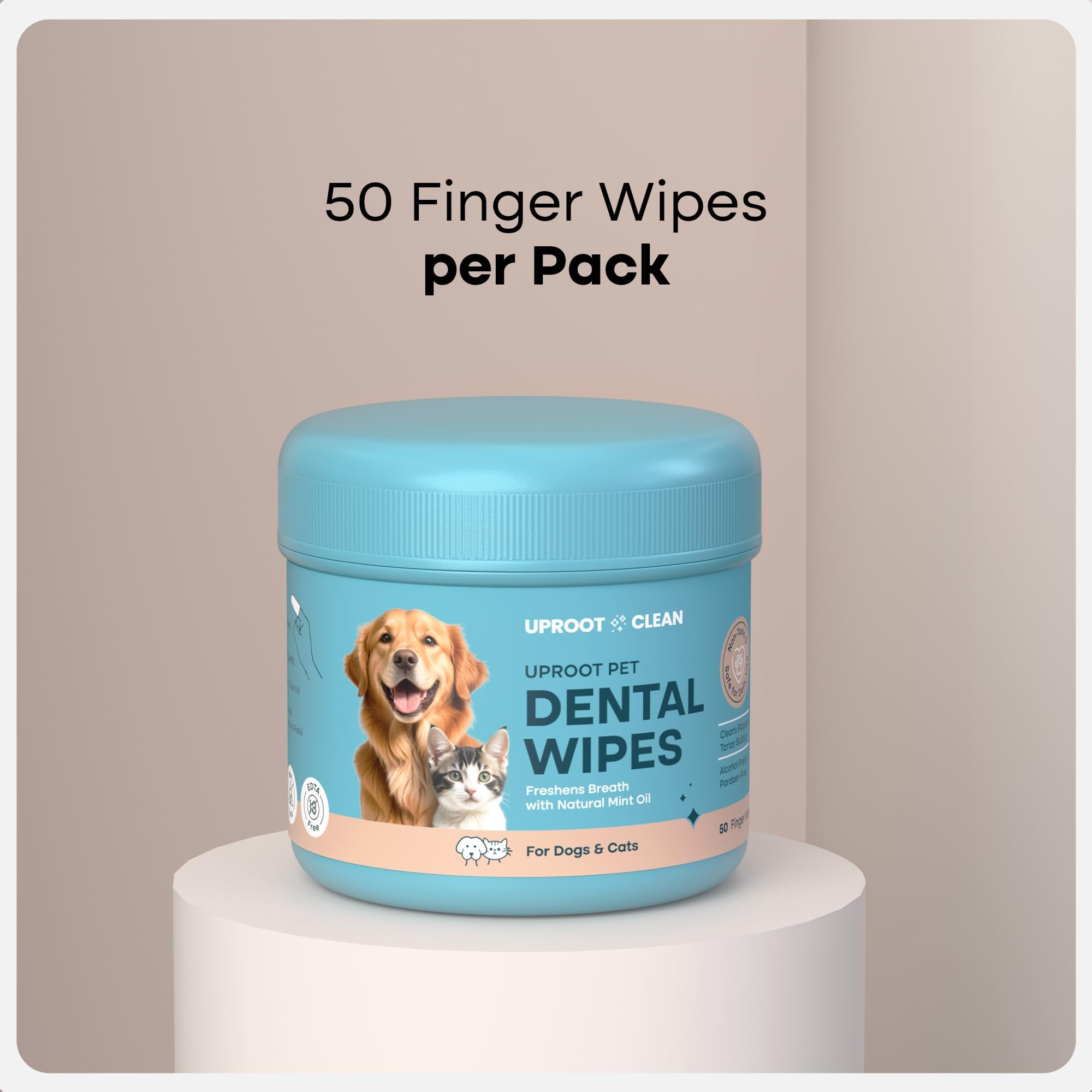 Uproot Clean Pet Dental Finger Wipes (50 Count) – Easy Cat and Dog Teeth Cleaning for Plaque, Tartar, and Bad Breath