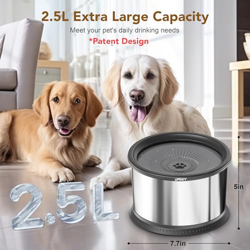 UPSKY 2.5L No Spill Dog Water Bowl - Stainless Steel Slow Feeder with Anti-Slip Mat for Large Dogs, Grey
