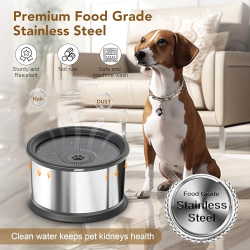 UPSKY 2.5L No Spill Dog Water Bowl - Stainless Steel Slow Feeder with Anti-Slip Mat for Large Dogs, Grey