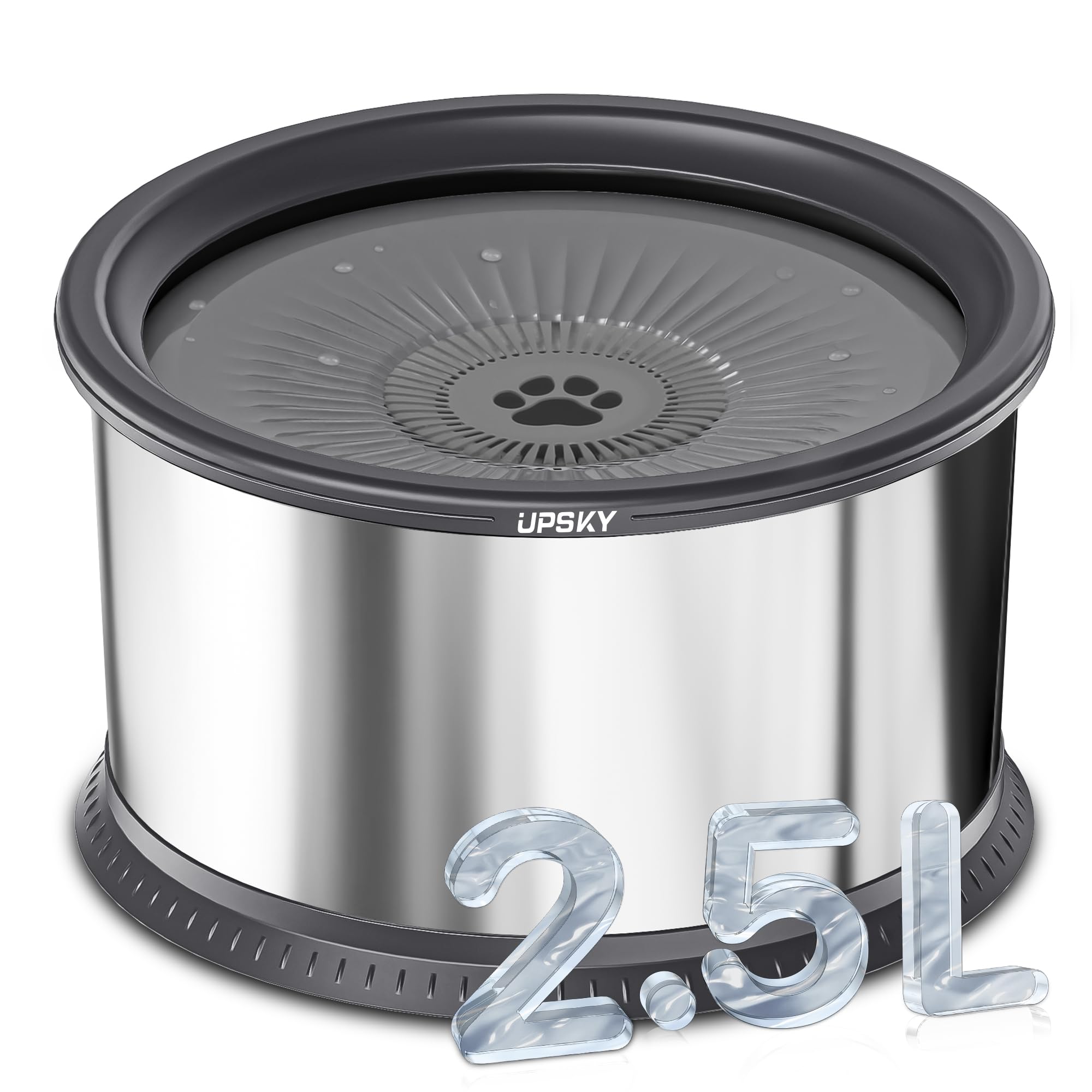 UPSKY 2.5L No Spill Dog Water Bowl - Stainless Steel Slow Feeder with Anti-Slip Mat for Large Dogs, Grey
