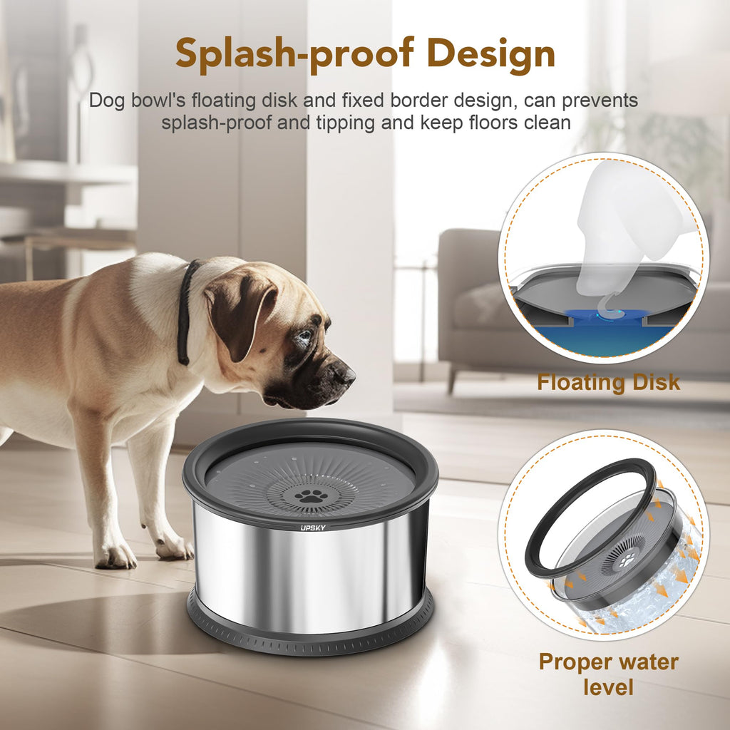 UPSKY 2.5L No Spill Dog Water Bowl - Stainless Steel Slow Feeder with Anti-Slip Mat for Large Dogs, Grey