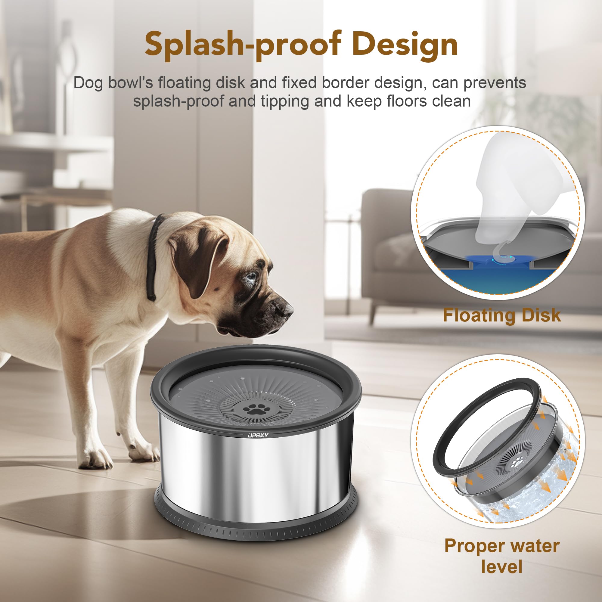 UPSKY 2.5L No Spill Dog Water Bowl - Stainless Steel Slow Feeder with Anti-Slip Mat for Large Dogs, Grey