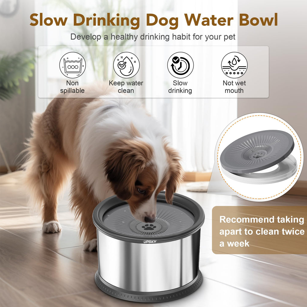 UPSKY 2.5L No Spill Dog Water Bowl - Stainless Steel Slow Feeder with Anti-Slip Mat for Large Dogs, Grey