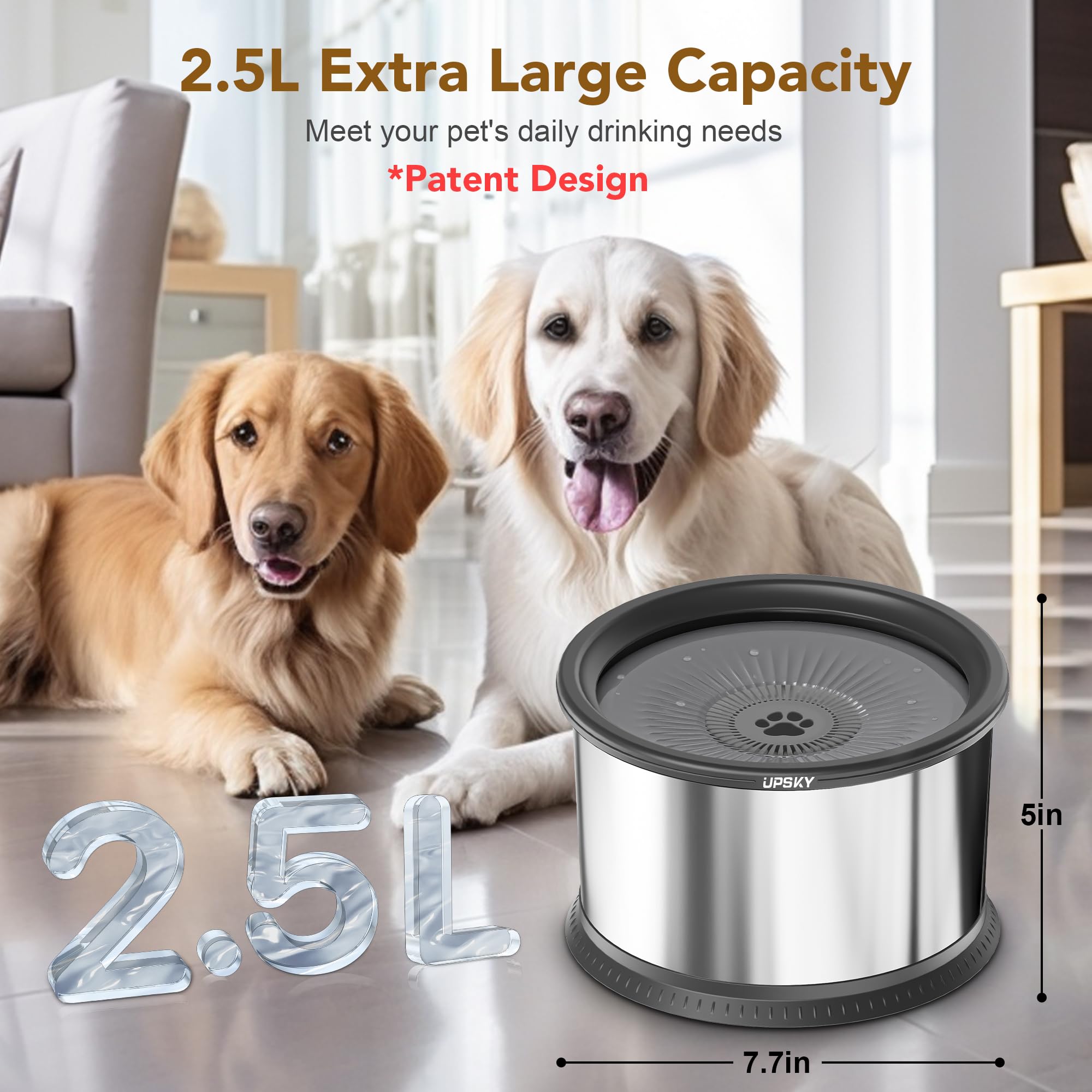 UPSKY 2.5L No Spill Dog Water Bowl - Stainless Steel Slow Feeder with Anti-Slip Mat for Large Dogs, Grey
