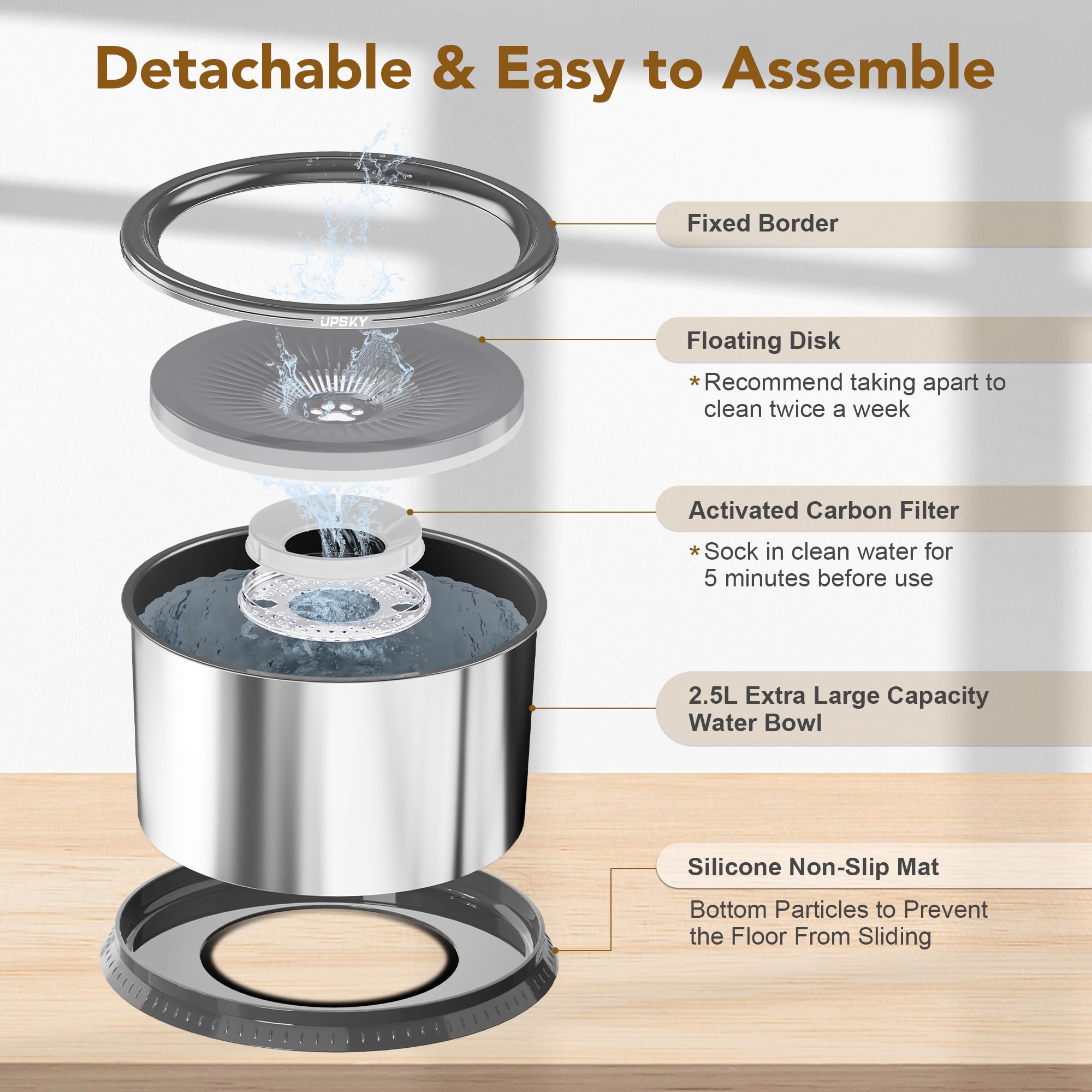 UPSKY 2.5L No Spill Dog Water Bowl - Stainless Steel Slow Feeder with Anti-Slip Mat for Large Dogs, Grey