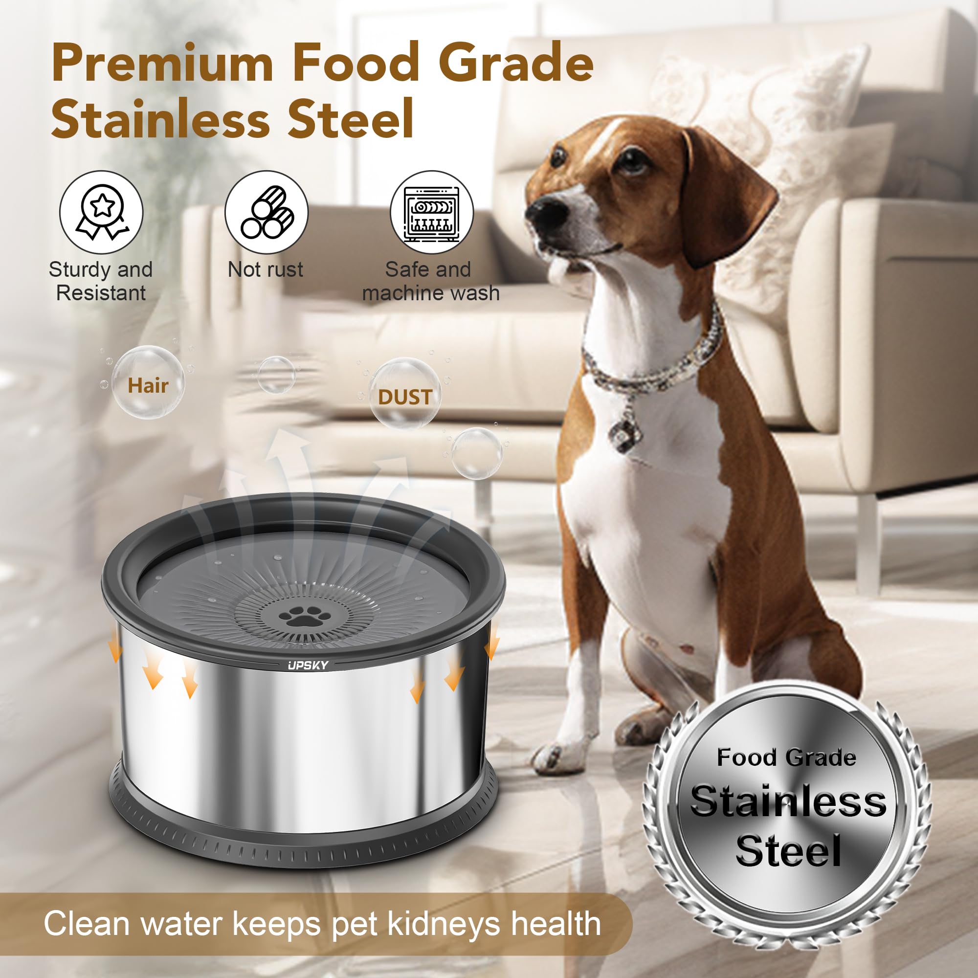UPSKY 2.5L No Spill Dog Water Bowl - Stainless Steel Slow Feeder with Anti-Slip Mat for Large Dogs, Grey