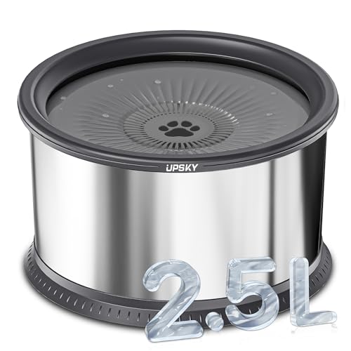 UPSKY 2.5L No Spill Dog Water Bowl - Stainless Steel Slow Feeder with Anti-Slip Mat for Large Dogs, Grey