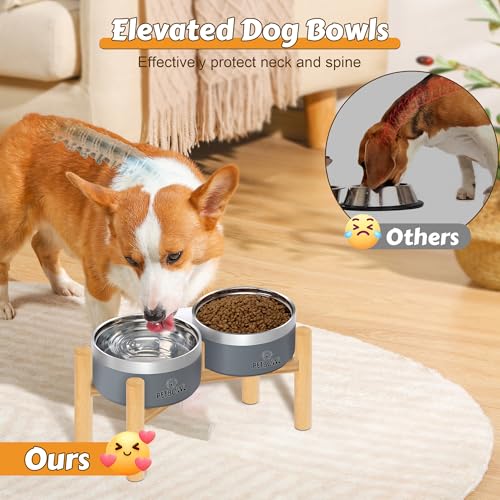 UPSKY Elevated Dog Bowls – 27oz Stainless Steel Anti-Spill Set with Wooden Stand, Double Raised Bowls for Small/Medium Dogs