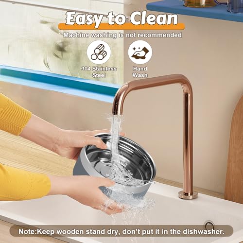 UPSKY Elevated Dog Bowls – 27oz Stainless Steel Anti-Spill Set with Wooden Stand, Double Raised Bowls for Small/Medium Dogs