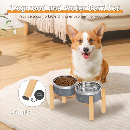 UPSKY Elevated Dog Bowls – 27oz Stainless Steel Anti-Spill Set with Wooden Stand, Double Raised Bowls for Small/Medium Dogs