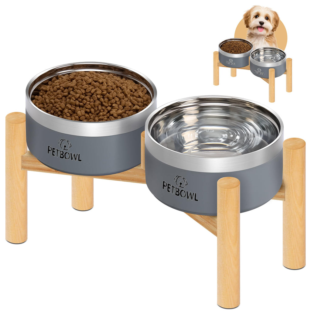 UPSKY Elevated Dog Bowls – 27oz Stainless Steel Anti-Spill Set with Wooden Stand, Double Raised Bowls for Small/Medium Dogs