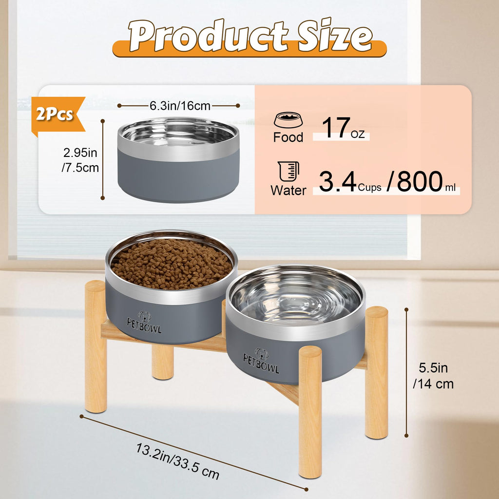 UPSKY Elevated Dog Bowls – 27oz Stainless Steel Anti-Spill Set with Wooden Stand, Double Raised Bowls for Small/Medium Dogs