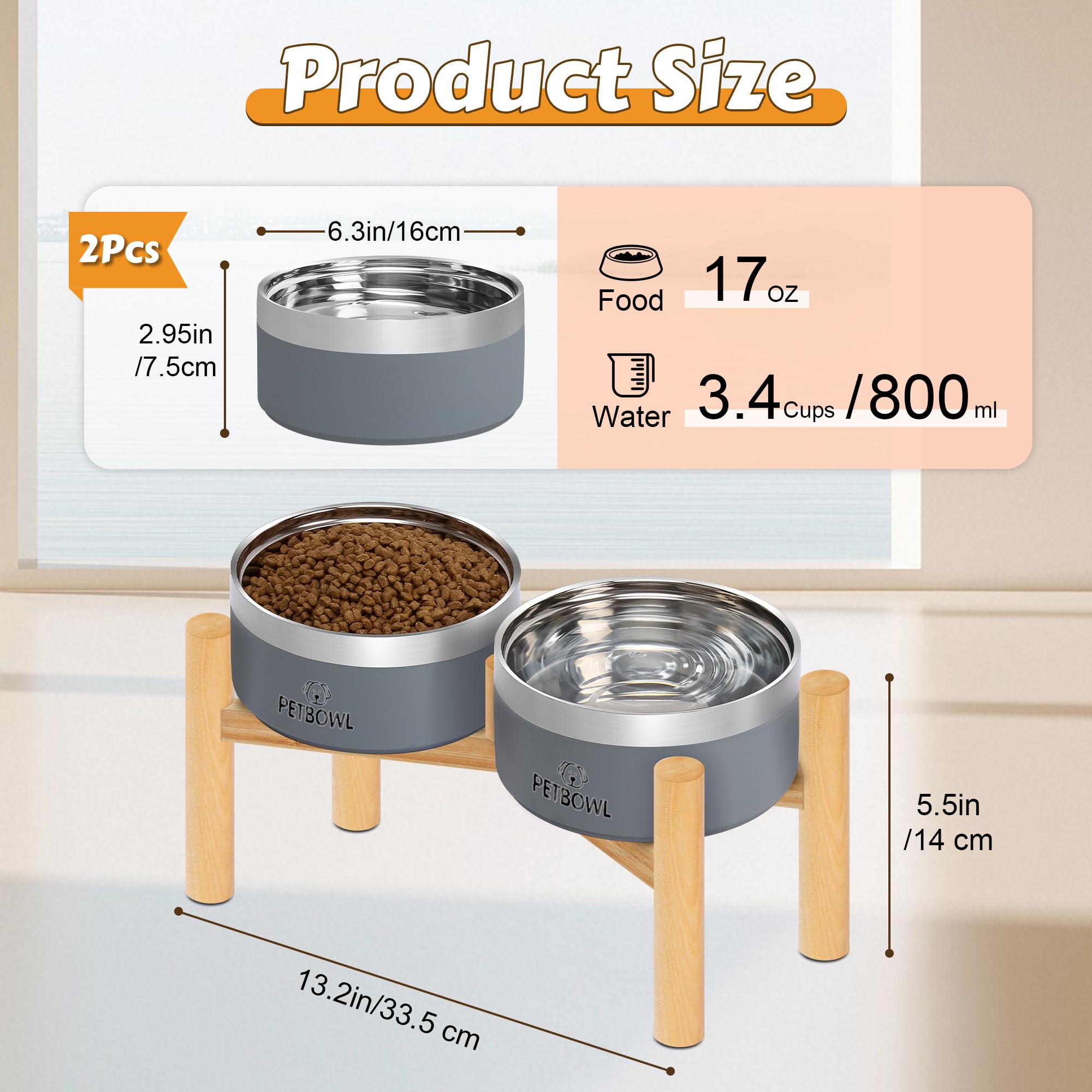 UPSKY Elevated Dog Bowls – 27oz Stainless Steel Anti-Spill Set with Wooden Stand, Double Raised Bowls for Small/Medium Dogs