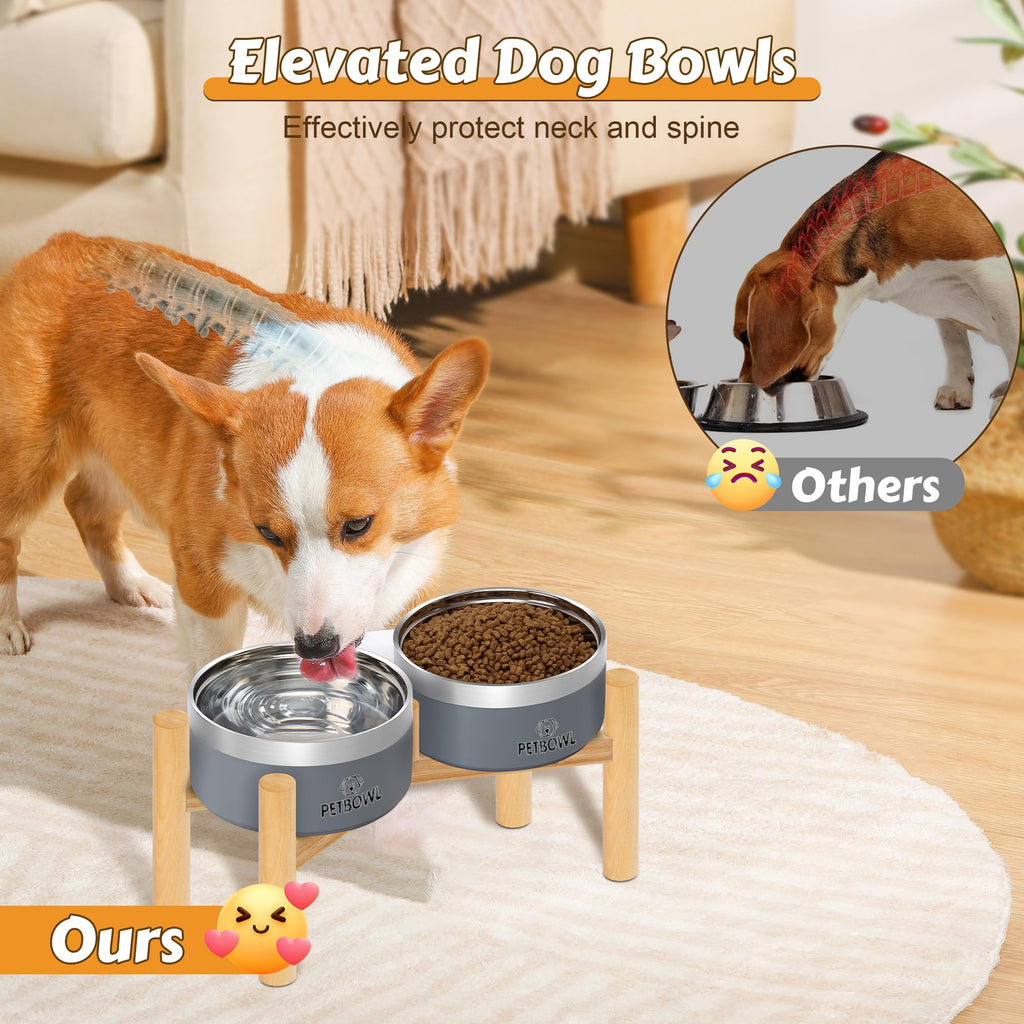 UPSKY Elevated Dog Bowls – 27oz Stainless Steel Anti-Spill Set with Wooden Stand, Double Raised Bowls for Small/Medium Dogs