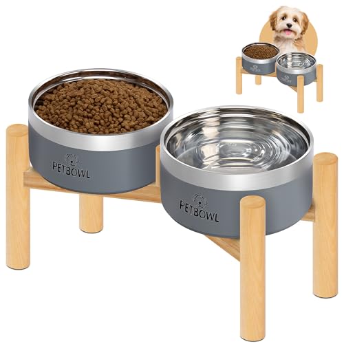 UPSKY Elevated Dog Bowls – 27oz Stainless Steel Anti-Spill Set with Wooden Stand, Double Raised Bowls for Small/Medium Dogs