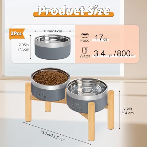 UPSKY Elevated Dog Bowls – 27oz Stainless Steel Anti-Spill Set with Wooden Stand, Double Raised Bowls for Small/Medium Dogs