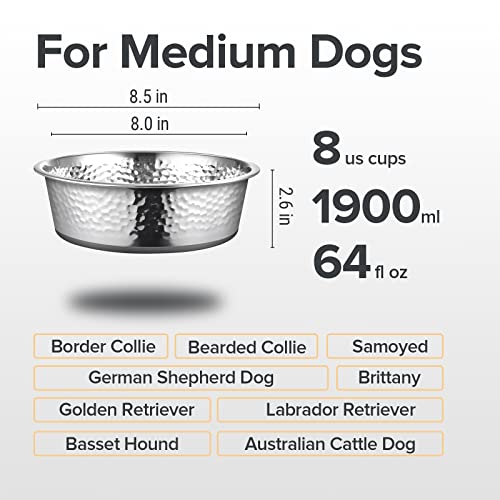 URBUDDIES 2 Pack Hammered Stainless Steel Dog Bowls – 8 Cup Non-Slip with Gray Rubber Bottom, Dishwasher Safe