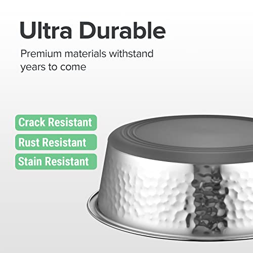 URBUDDIES 2 Pack Hammered Stainless Steel Dog Bowls – 8 Cup Non-Slip with Gray Rubber Bottom, Dishwasher Safe