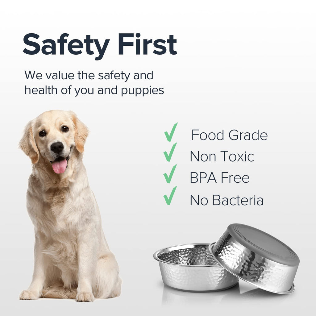 URBUDDIES 2 Pack Hammered Stainless Steel Dog Bowls – 8 Cup Non-Slip with Gray Rubber Bottom, Dishwasher Safe